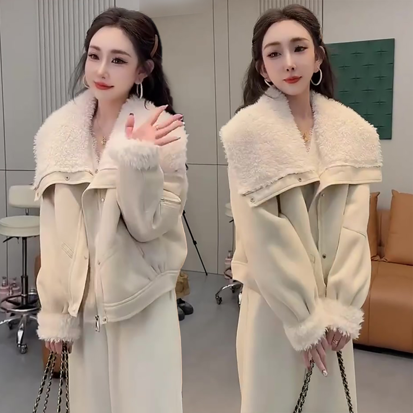 冬季新品翻领减龄仿皮毛一体外套