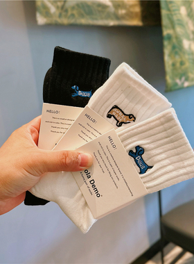 袜子男士春夏纯棉长袜薄款中筒袜潮牌刺绣运动袜白色透气防臭男袜