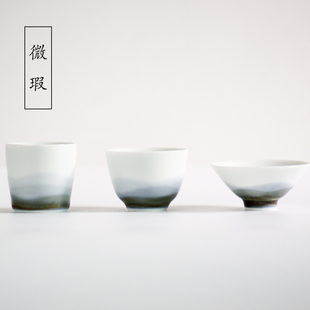 沐初而作手绘远山哑光水墨风格微瑕单品茗茶杯自用捡漏包邮景德镇