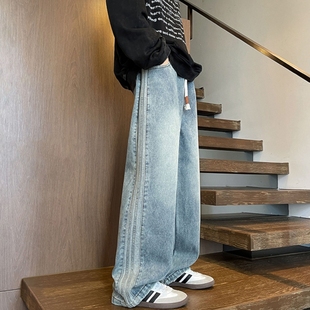 120CM 子195高个子加长男裤 秋冬厚料宽松直筒牛仔裤 宽松紧腰拖地裤