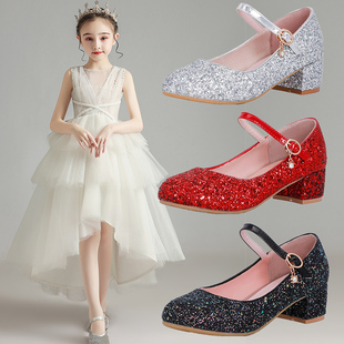 女童水晶公主鞋黑色皮鞋儿童高跟鞋小女孩鞋子春秋单鞋大童演出鞋