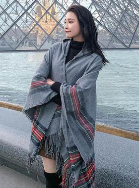 仿羊绒欧美风条纹流苏围巾披肩