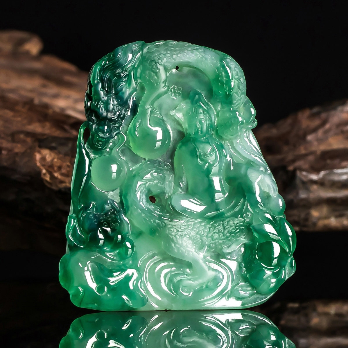 缅甸天然翡翠A货观音玉石玉器南海观音挂件 冰种翡翠乘龙观音吊坠