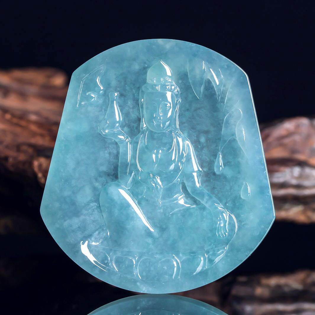 缅甸天然翡翠A货茄紫观音玉石 冰种蓝水翡翠净瓶观音吊坠普渡众生