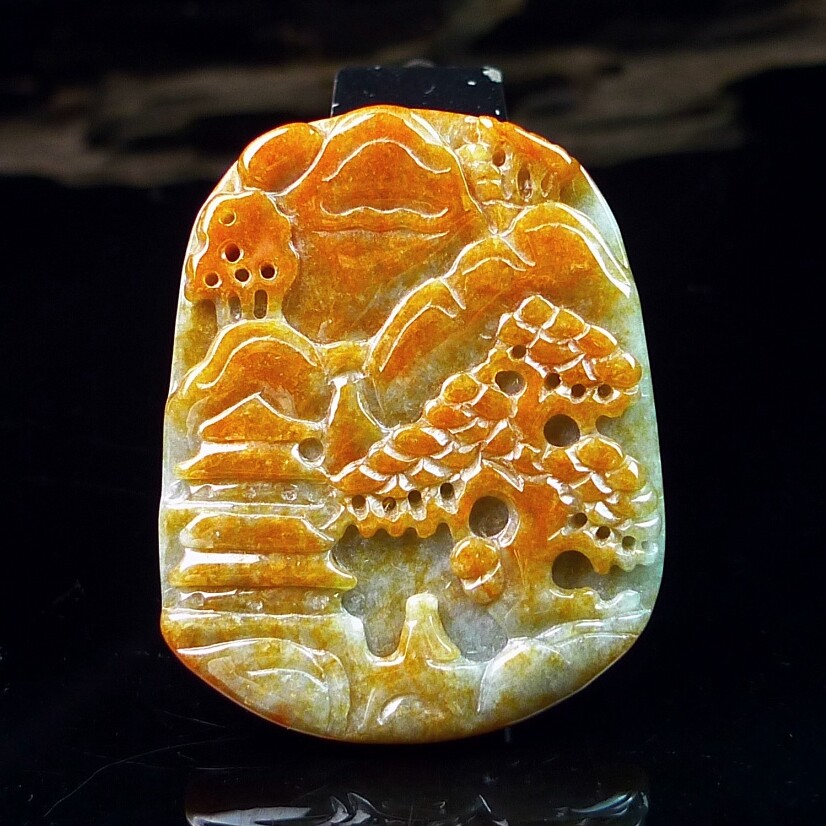 山水玉石天然翡翠红翡翠山水牌