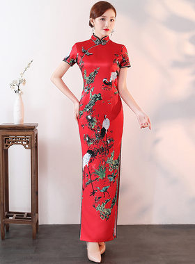修身长袖旗袍长款红色中国风新款日常改良演出走秀中老年新中式