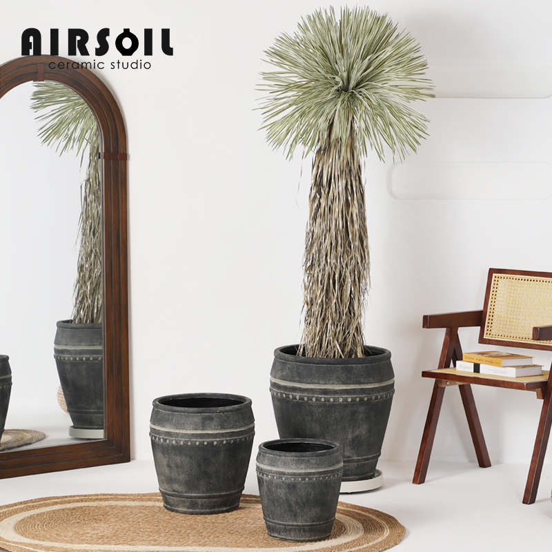 AIRSOIL仿古中式做旧花盆黑陶纹 直口大型镁泥花盆 庭院绿植摆件