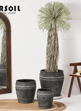 AIRSOIL仿古中式做旧花盆黑陶纹 直口大型镁泥花盆 庭院绿植摆件