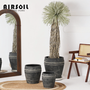 AIRSOIL仿古中式做旧花盆黑陶纹 直口大型镁泥花盆 庭院绿植摆件