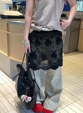 2026春款系带黑色蕾丝屁帘女叠穿高级感一片式下摆网纱半身裙帘女