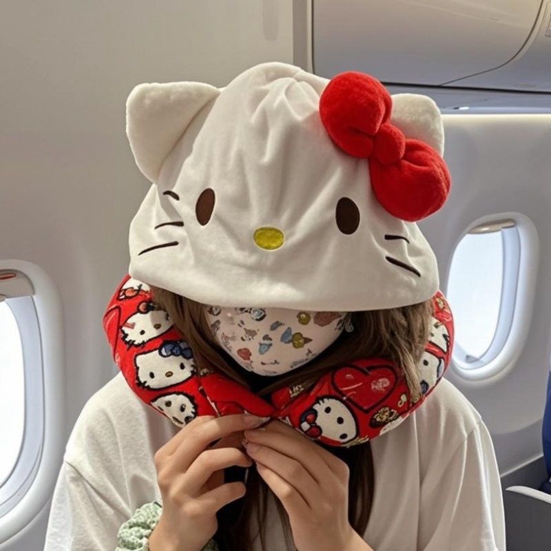hellokittyU型枕凯蒂猫护颈枕连帽靠枕旅行办公室午休帽子飞机枕