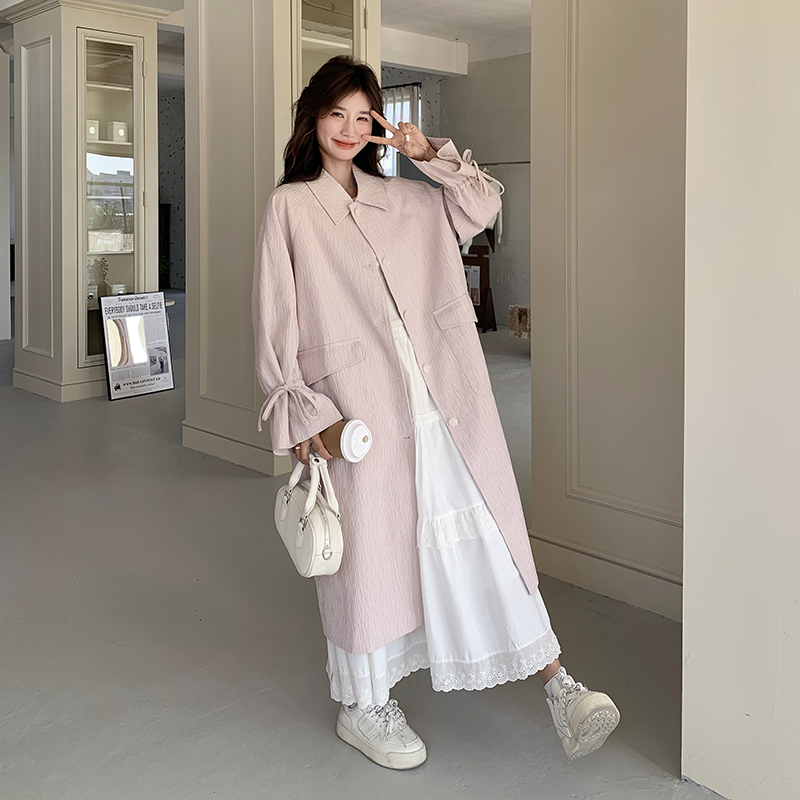粉色时髦气质温柔风衣外套女2025春新款高级感单排扣长款及踝大衣，女装风衣，浙宝269