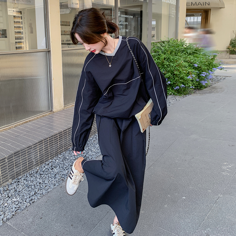 藏青色美式复古卫衣套装女2024秋新款休闲慵懒条纹V领上衣半身裙，女装套装/套裙，浙宝269