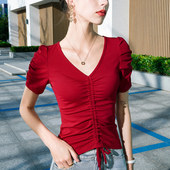 抽绳设计感舞蹈上衣女春夏短袖 V领摩登舞拉丁舞跳舞训练服黑白色