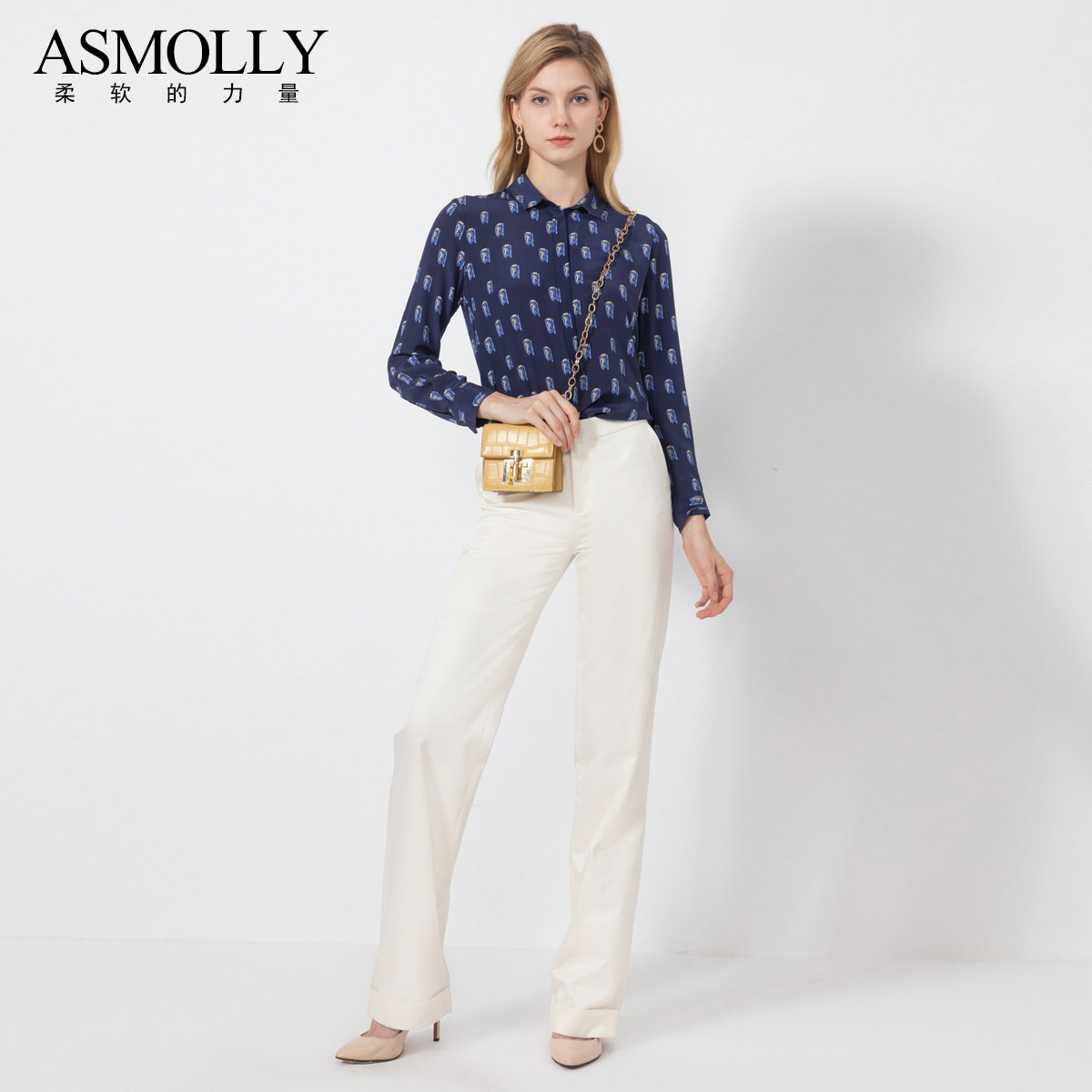Asmolly春夏阔腿裤丝绸休闲裤白色宽松直筒长裤桑蚕丝裤子女