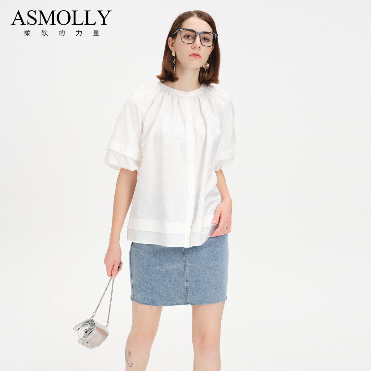Asmolly真丝加棉衬衫女短袖白色衬衣女士丝棉上衣中长款春夏