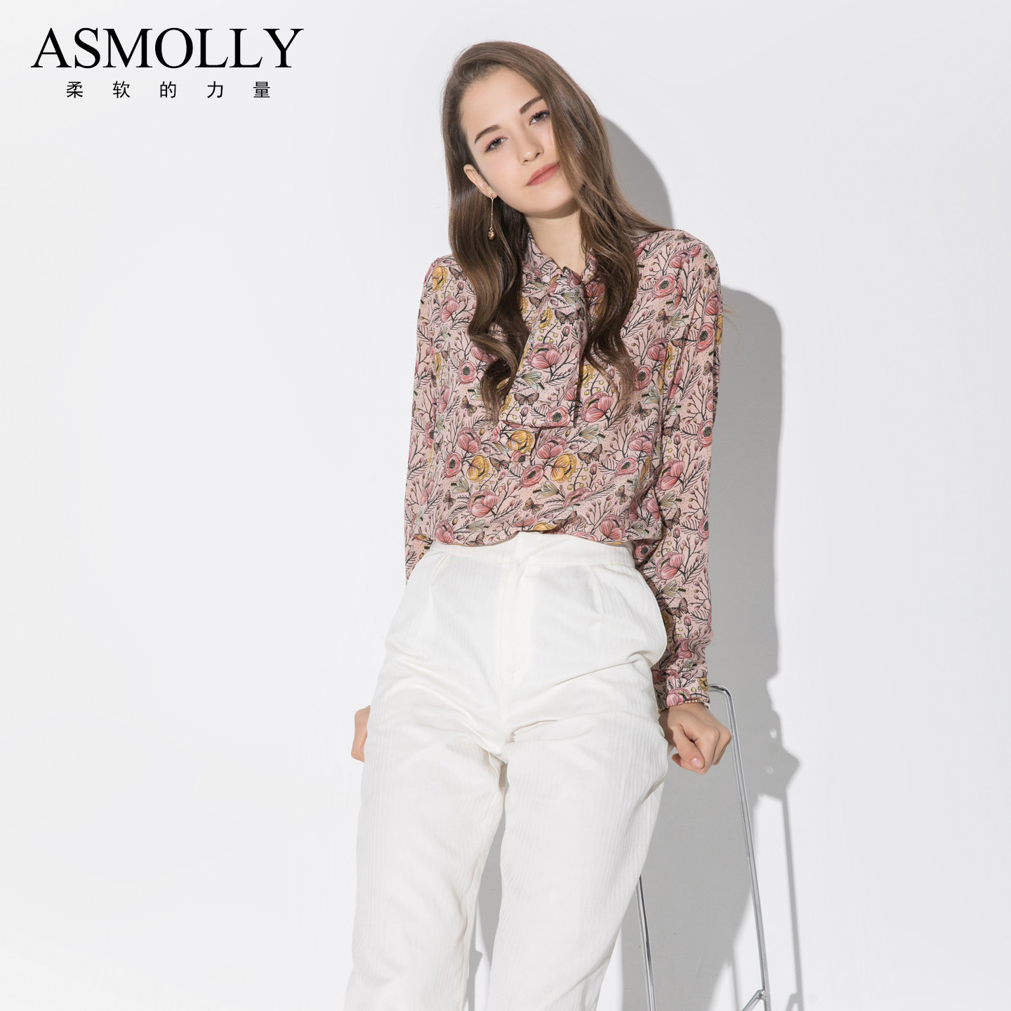 asmolly春夏气质飘带真丝衬衫