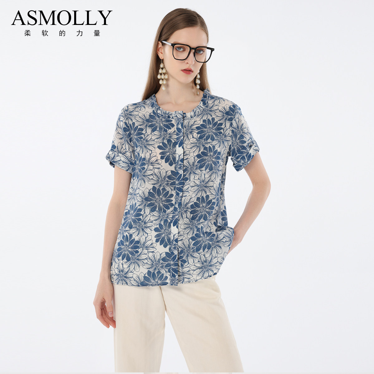 Asmolly夏天凉快女装100%桑蚕丝上衣春夏长袖真丝衬衫短袖衬衣