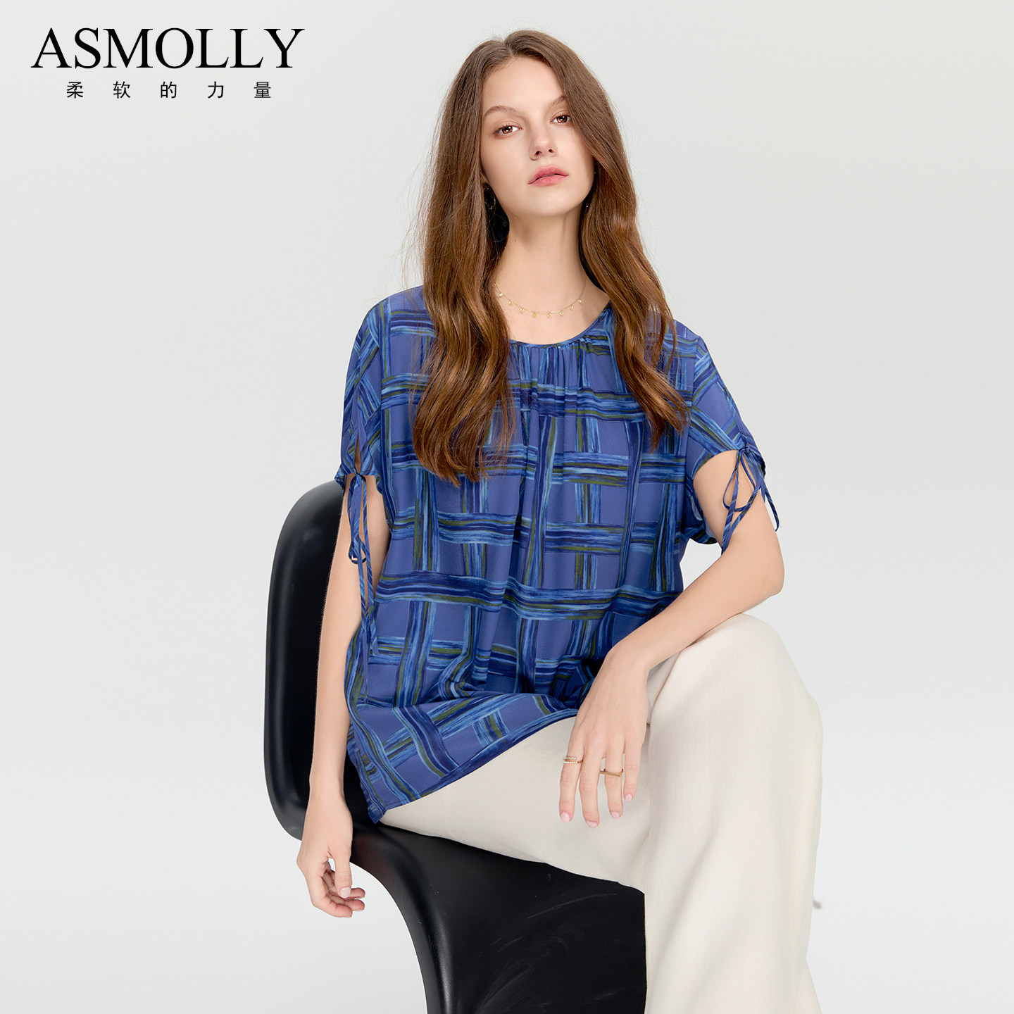 Asmolly时尚蓝色真丝上衣女100%桑蚕丝衬衫几何印花衬衣夏装
