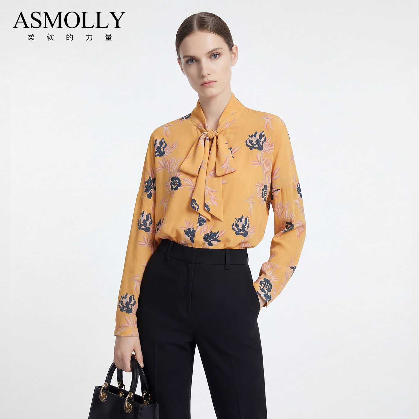 Asmolly女衬衫长袖100%真丝衬衣