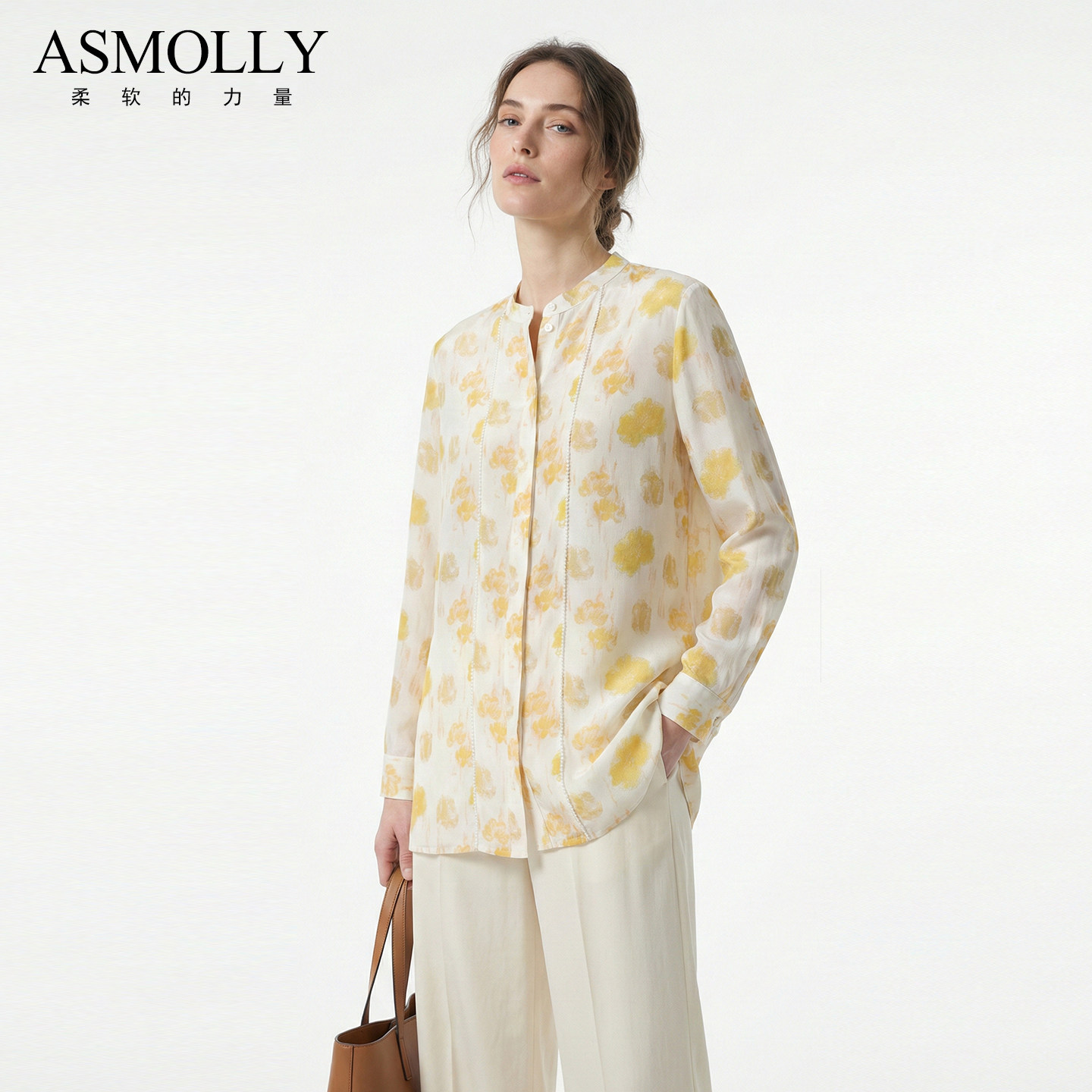 Asmolly100%桑蚕丝印花真丝衬衣
