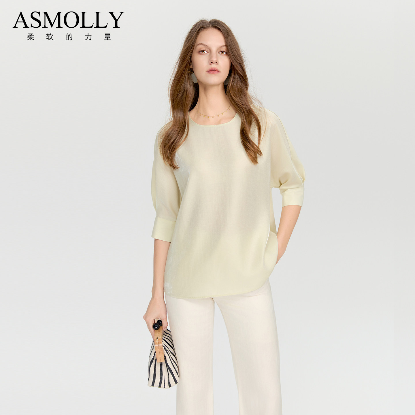 Asmolly简约宽松大码淡绿色套头凉快透气上衣春夏装女装