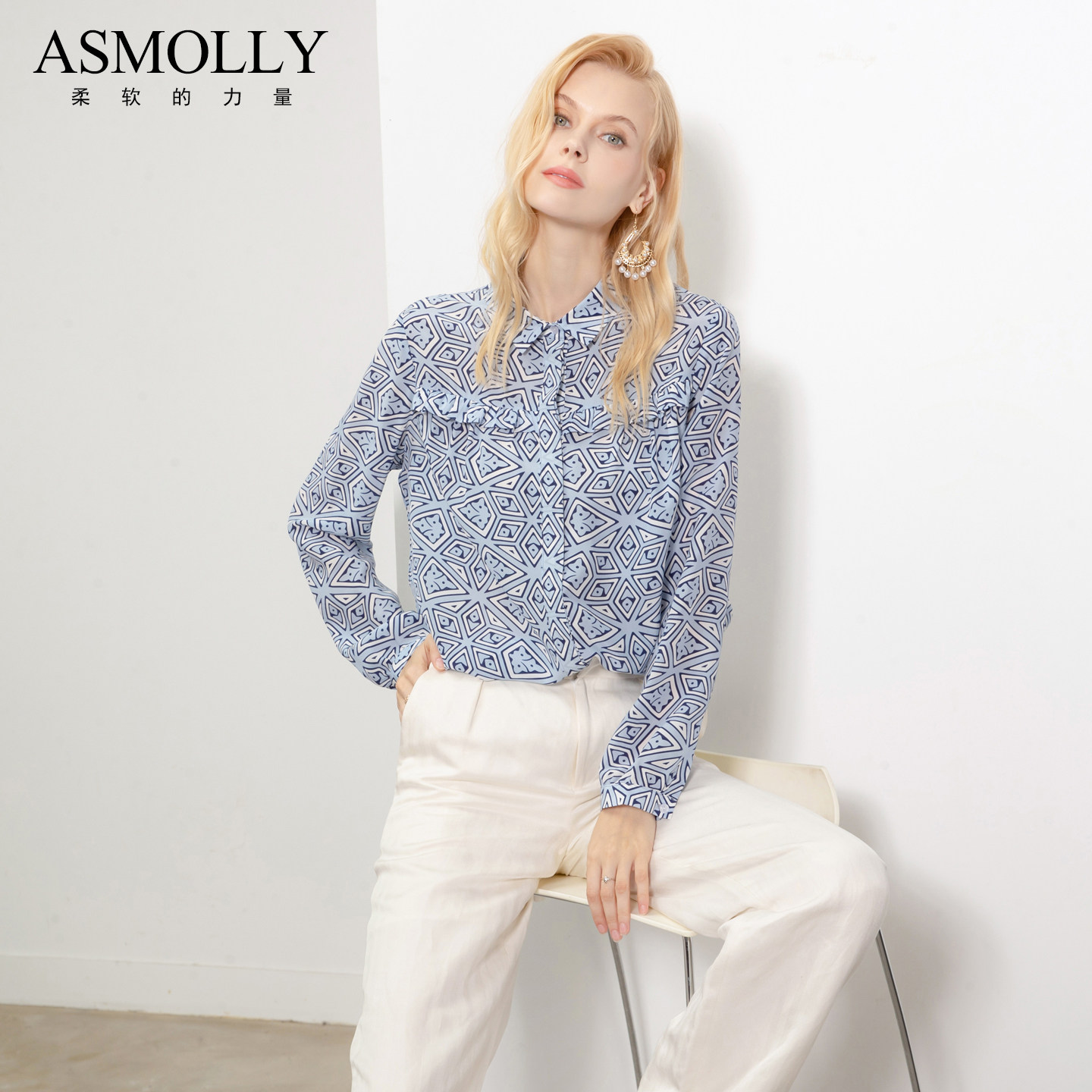Asmolly春夏春女气质桑蚕丝衬衫