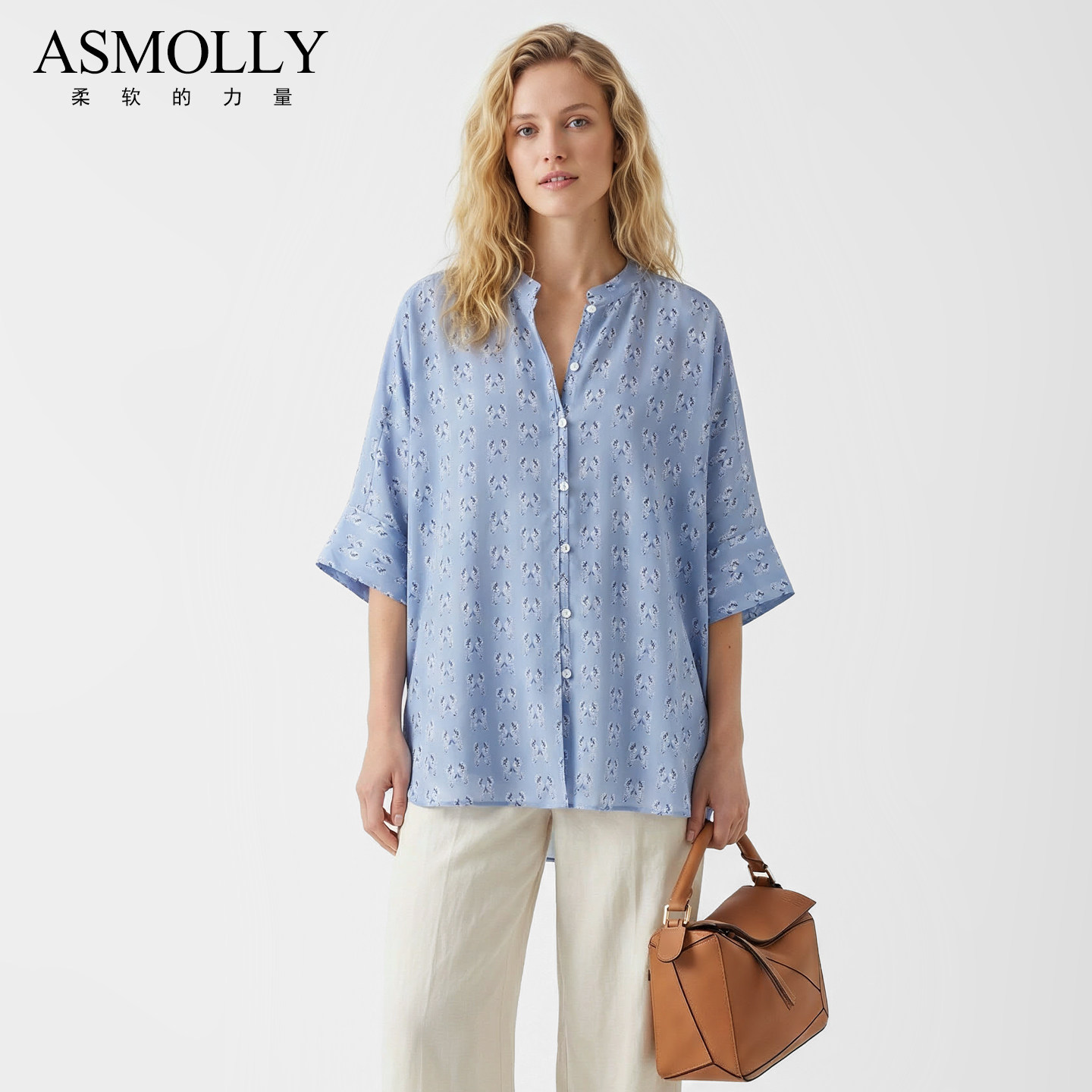 Asmolly桑蚕丝衬衫时尚优雅真丝气质中袖宽松印花上衣碎花衬衣女