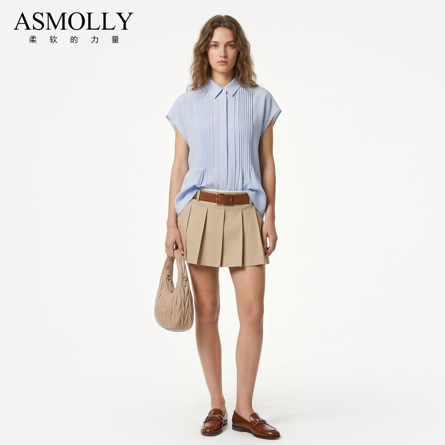 Asmolly气质蓝色OL真丝上衣纯色衬衣春夏桑蚕丝衬衫