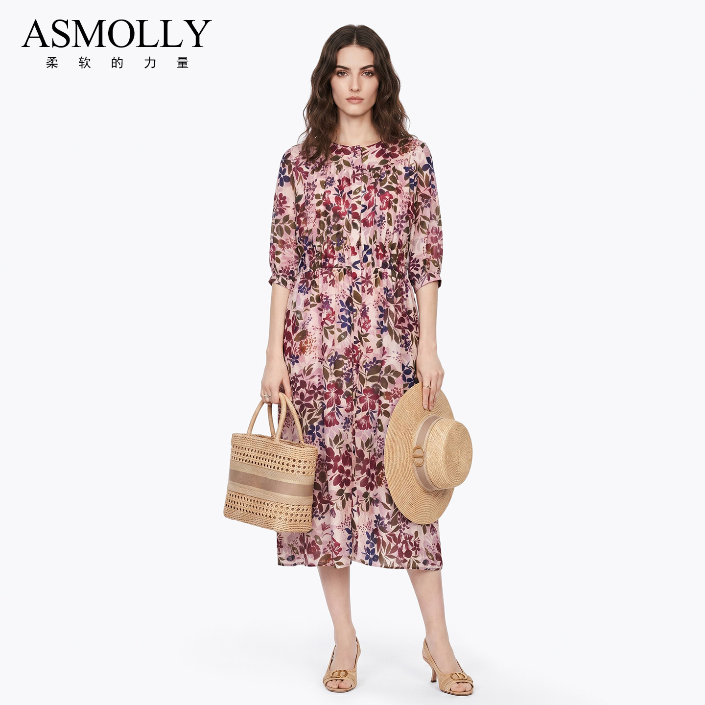 Asmolly印花桑蚕丝真丝连衣裙