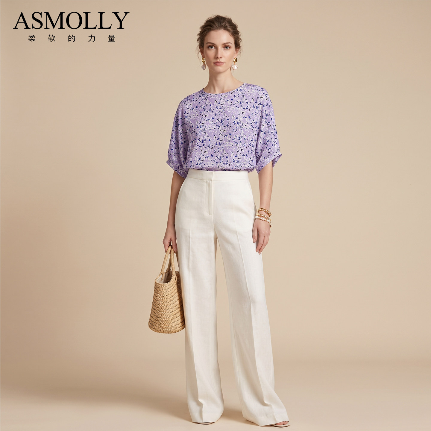 Asmolly春夏真丝紫色碎花衬衫
