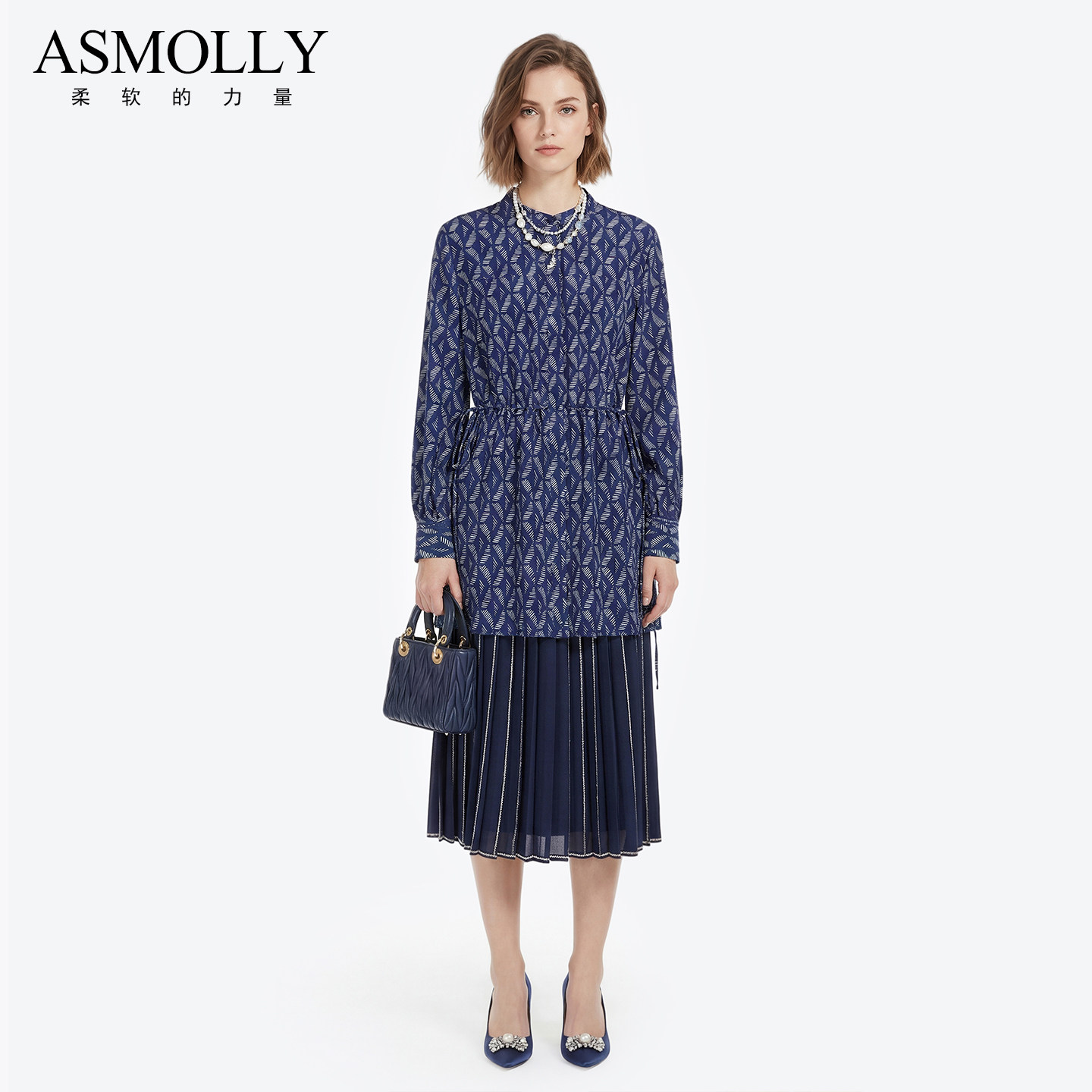 Asmolly春夏真丝印花长袖衬衫