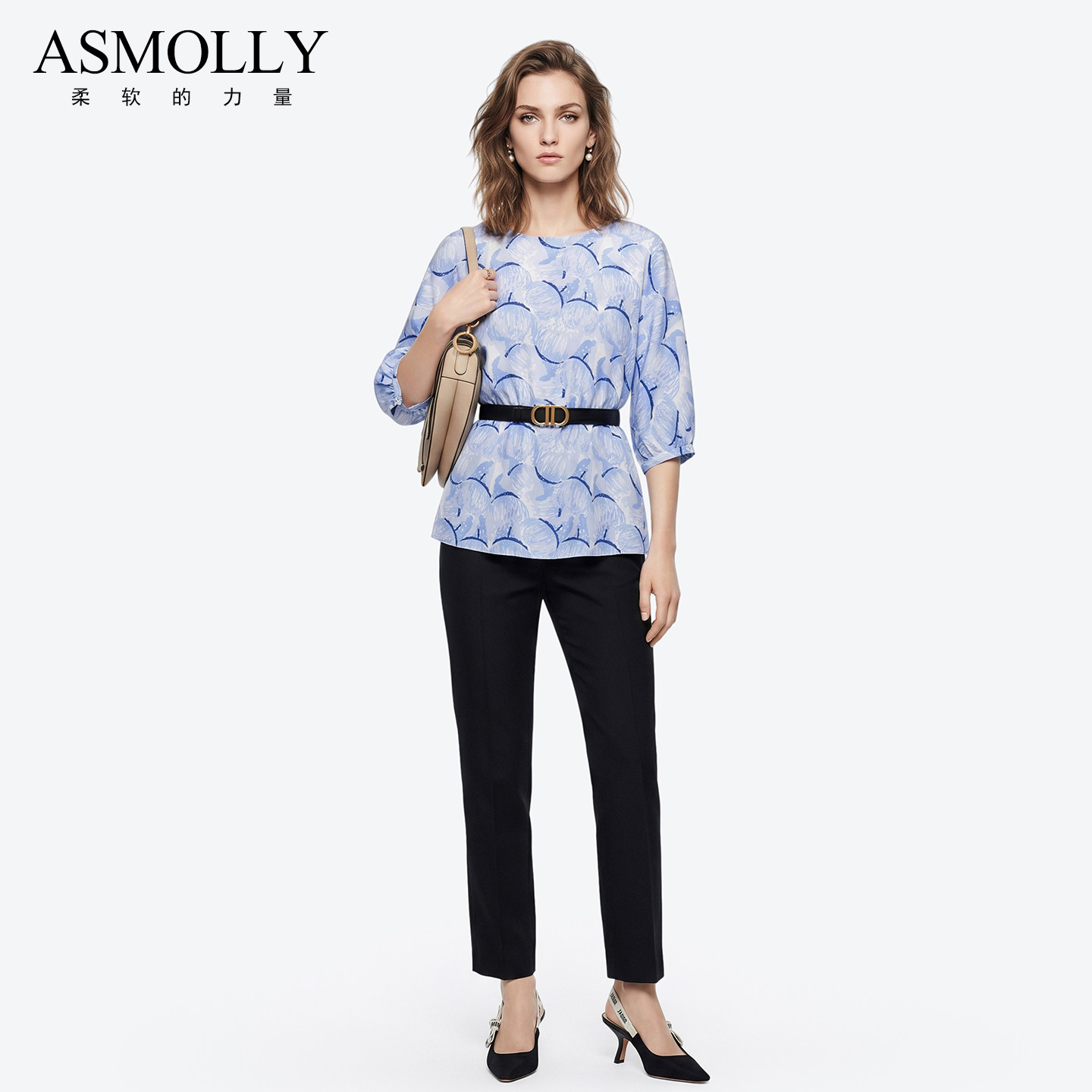 Asmolly真丝衬衣2026夏装新款100%桑蚕丝衬衫气质OL印花修身上衣