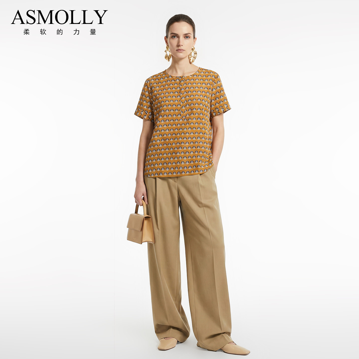 Asmolly夏时尚印花宽松真丝加棉衬衫女短袖丝棉上衣女士衬衣