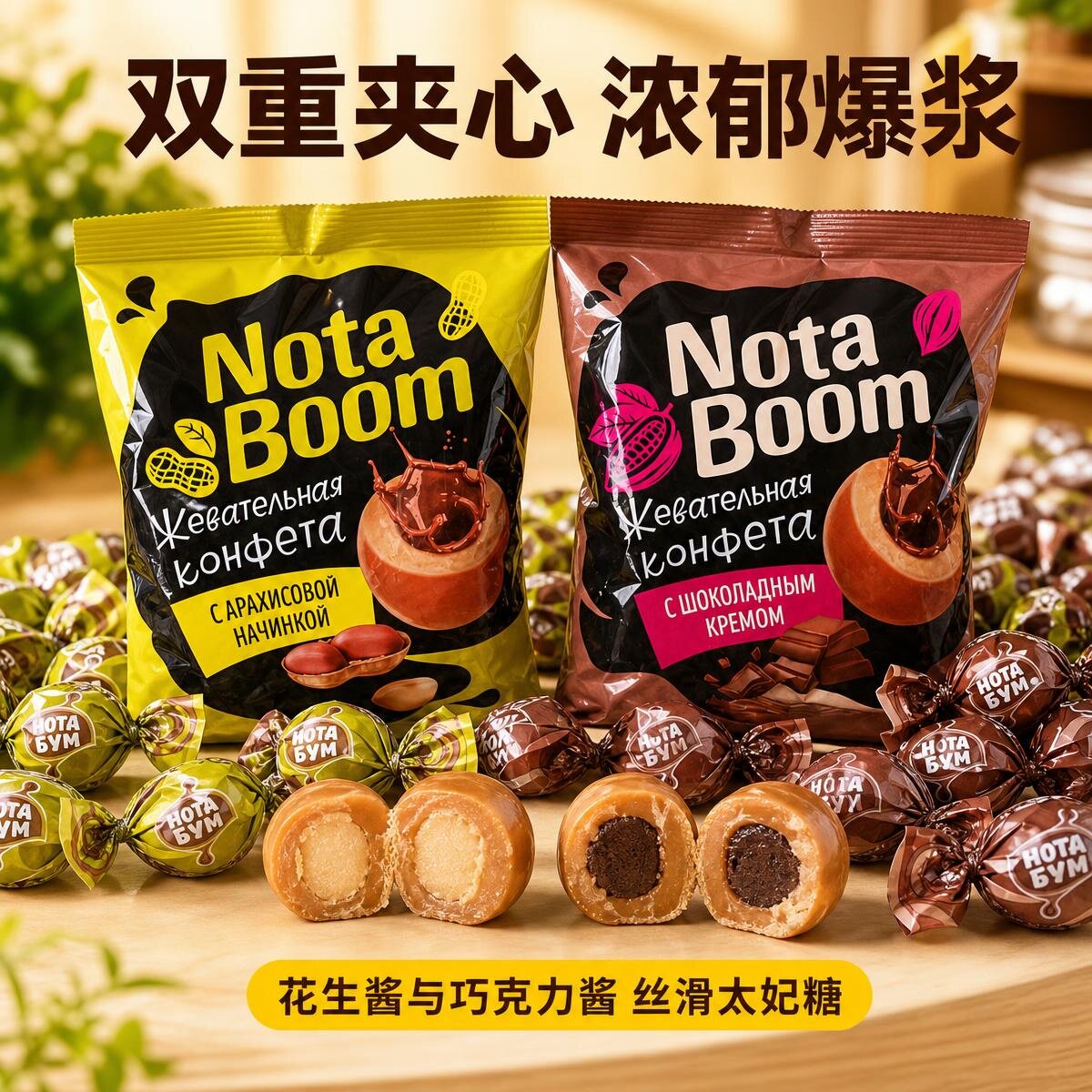 俄罗斯进口巧克力酱花生酱夹心牛奶糖太妃糖婚庆喜糖糖果休闲零食