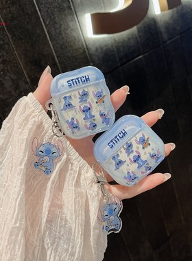 ins趣味可爱卡通蓝色史迪仔适用airpods pro2/3代苹果耳机保护壳airpods3/4代无线蓝牙耳机套1/2代硅胶耳机壳