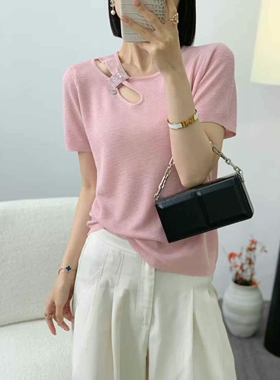 井美2025夏新薄款圆领针织衫女韩版百搭短袖冰丝亚麻天丝镂空上衣