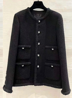 WAN.W工作室 手工定制黑色经典羊毛粗花呢小香风外套王一博同款女