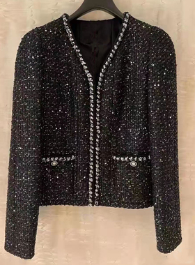 WAN.W工作室 手工定制黑色亮片明星同款羊毛粗花呢小香风外套西装