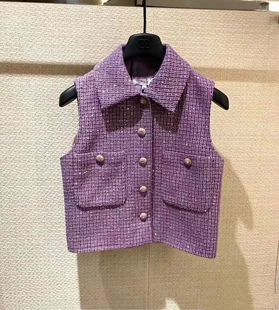 WAN·W工作室 紫色亮片名媛小香马甲编织粗花呢无袖背心上衣女