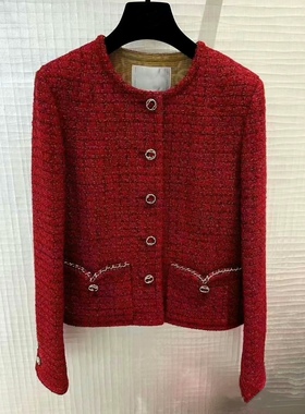 WAN·W工作室 手缝大红色正红名媛明星同款小香风外套粗花软呢