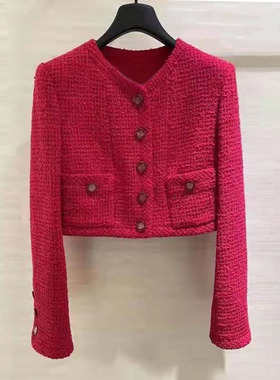 WAN.W工作室 手工定制手缝节日款生日款羊毛红色小香风外套短款