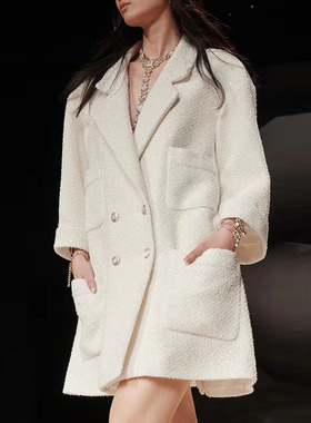 WAN.W工作室 手缝白色珠片明星同款中长宽松羊毛粗花呢小香风外套