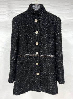 WAN.W工作室 手工定制羊毛立领雪花黑色小香风外套女大衣中长款