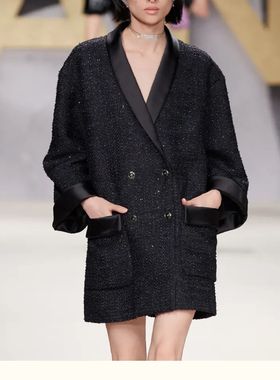 WAN.W工作室 手缝黑色珠片明星同款中长宽松羊毛粗花呢小香风外套