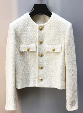 WAN.W工作室 手工定制CE家简约法式金扣羊毛小香风外套粗花呢白色