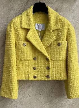 WAN.W工作室 高级定制 22冬新复古黄色小香风外套女短款粗花呢