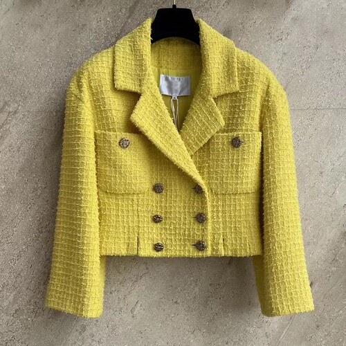 WAN.W工作室 高级定制 22冬新复古黄色小香风外套女短款粗花呢