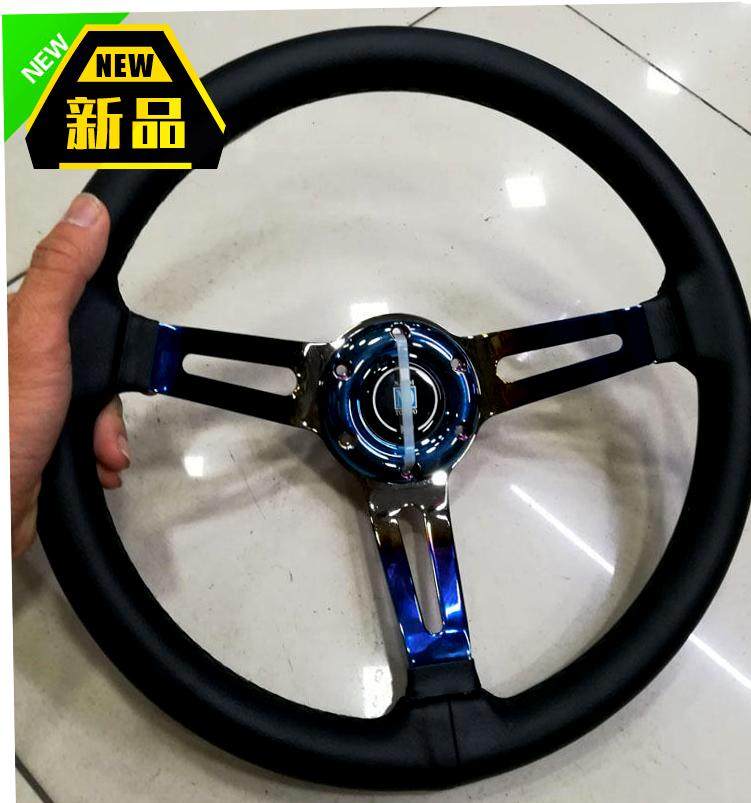 ND改装方向盘 真皮黑线烤蓝14寸赛车方向盘 Nardi通用款方向盘