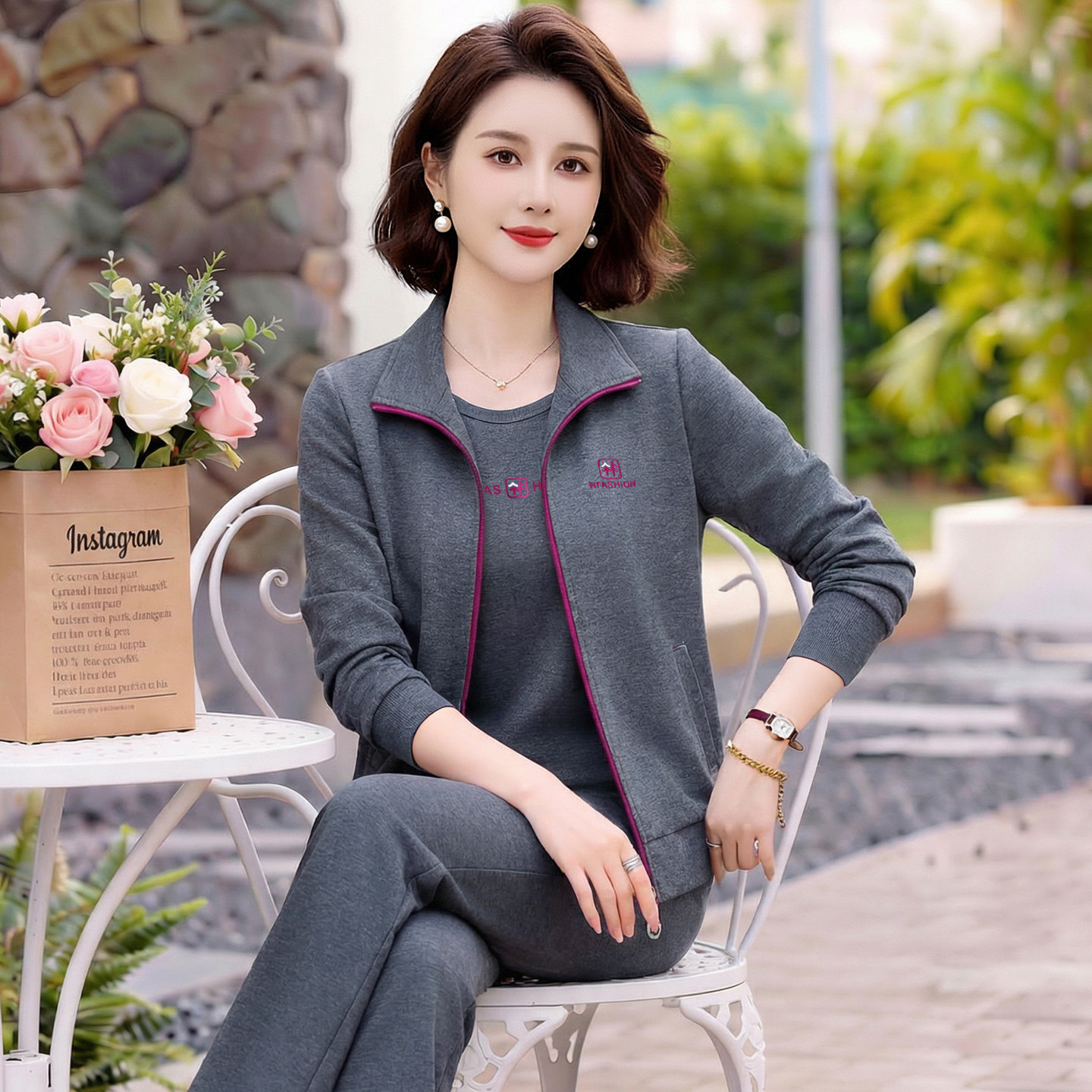 休闲运动服套装女春秋2026新款洋气质妈妈减龄显瘦立领跑步三件套